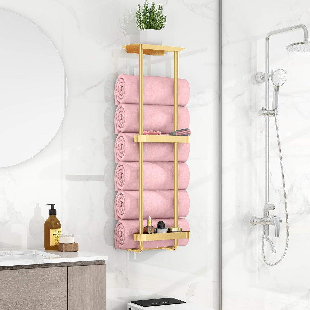 Wall Mounted Towel Rack with Shelf, Gold, view 6