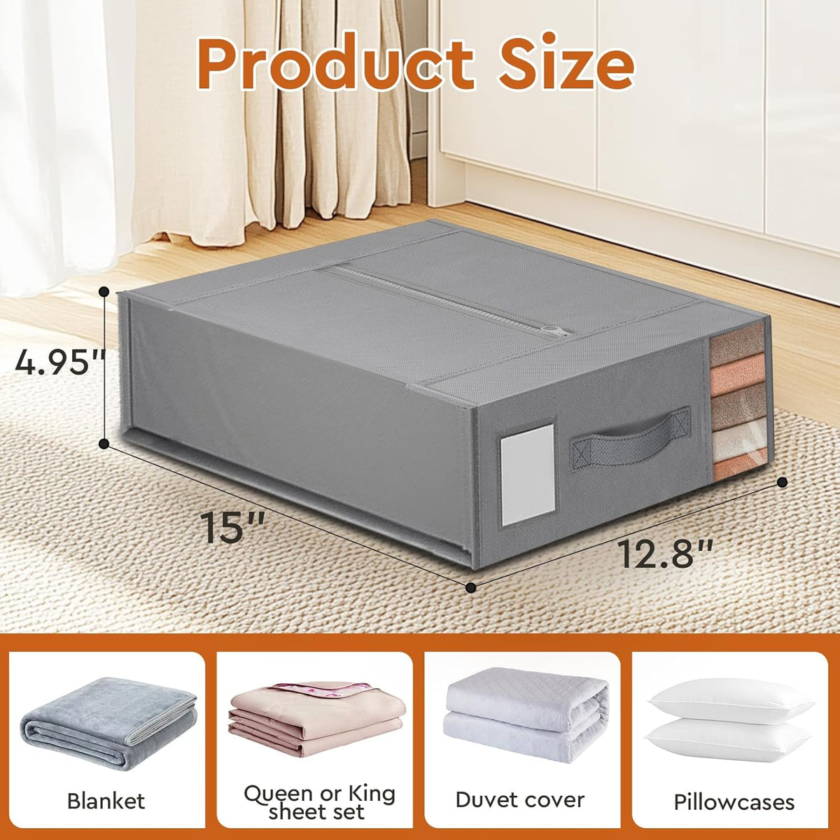 Foldable Bed Linen Storage Boxes with Window, Pack of 4, Grey, view 2