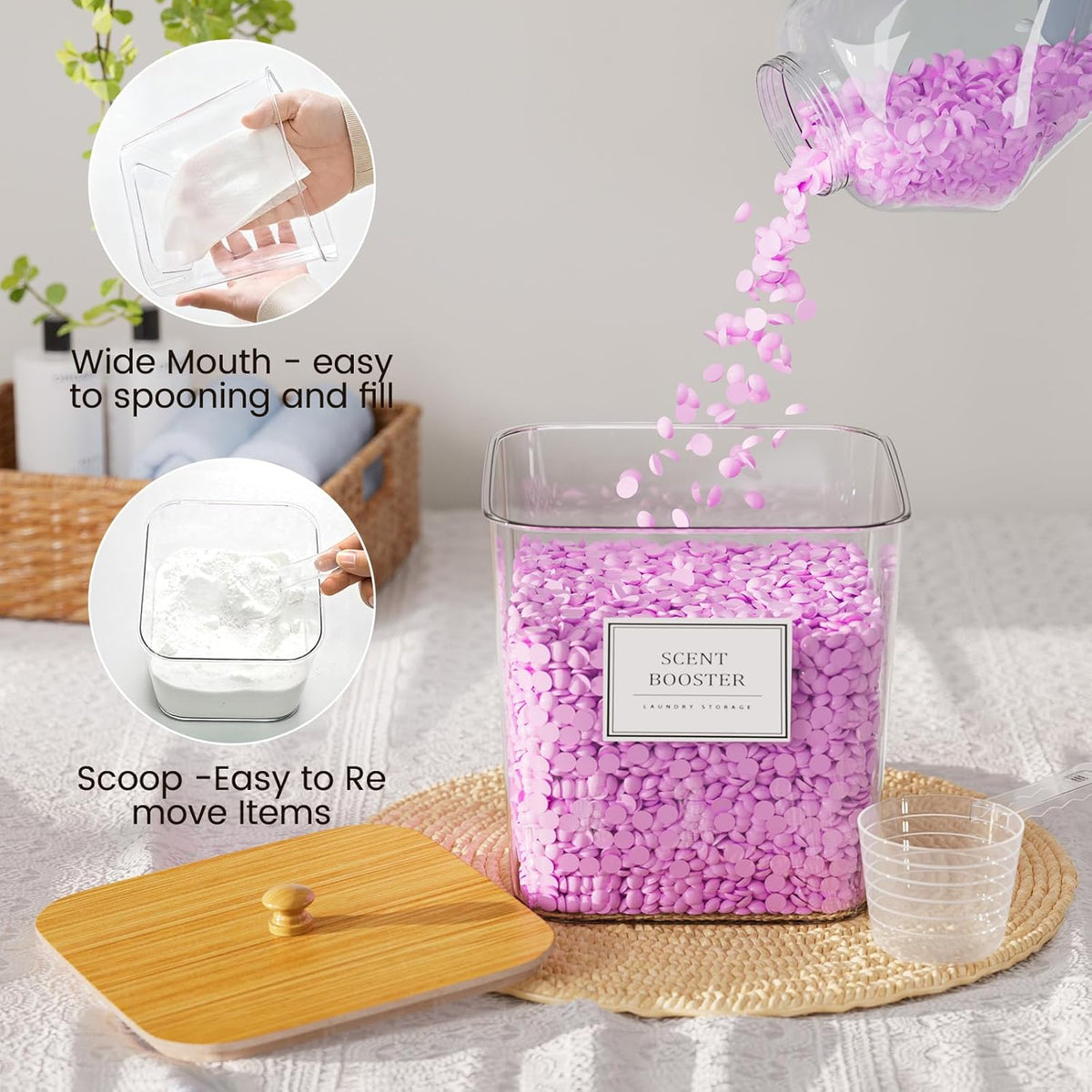 Clear Laundry Storage Containers with Wooden Lids, 3 + 1 Set, view 2