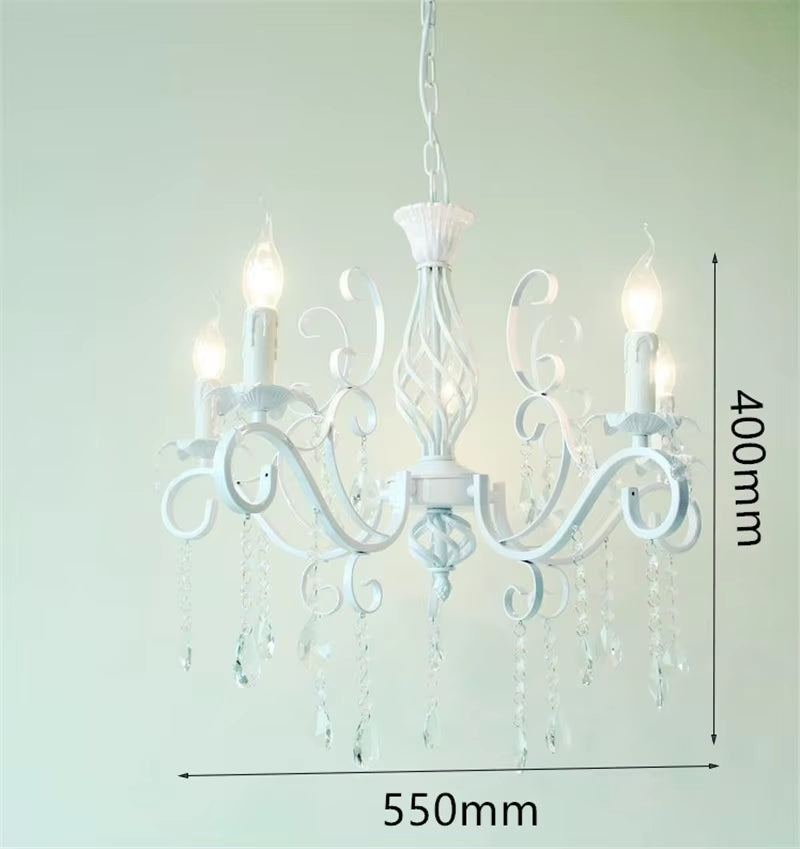 Home Vintage Wrought Iron Crystal Chandelier White Ceiling Lamp E14 Candle Lights Lighting Fixture