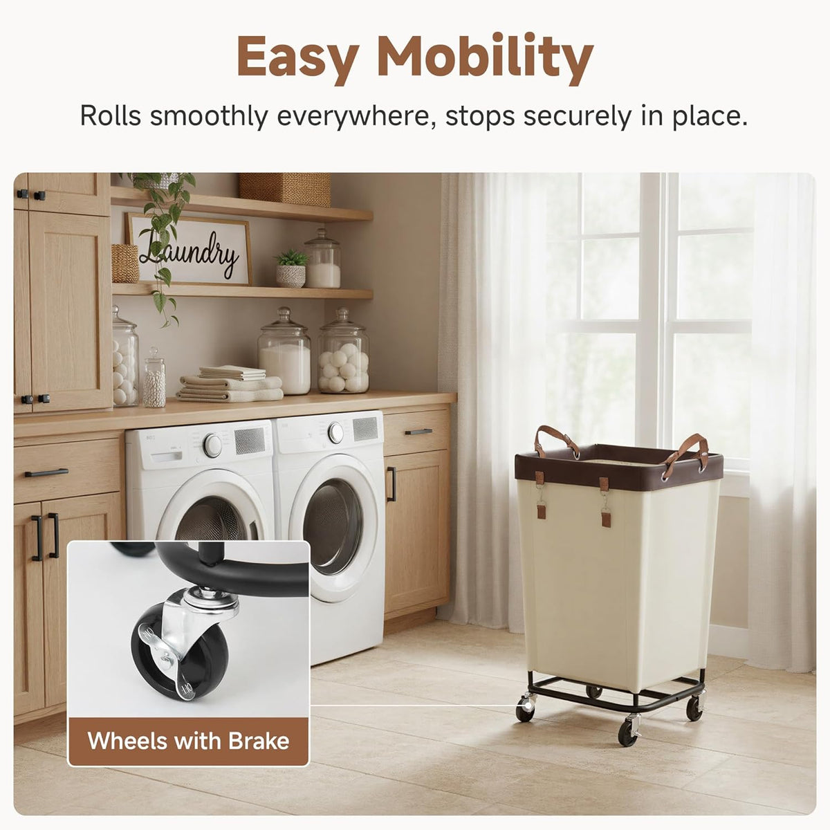 Rolling Laundry Basket on Wheels, 160 Litre, Beige, view 4