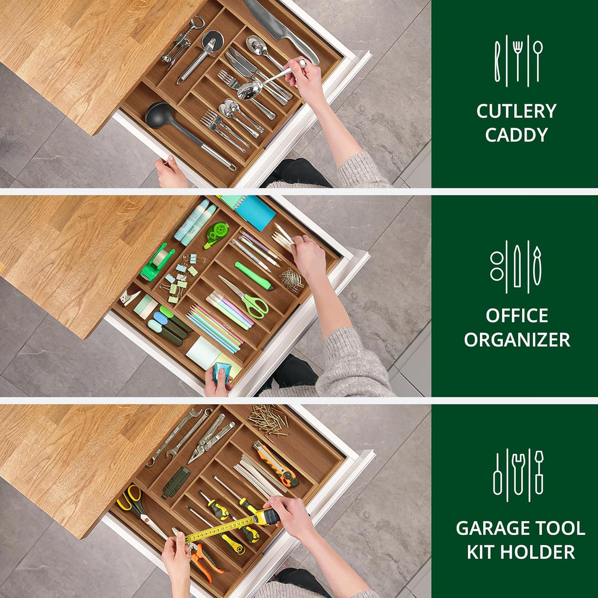 Expandable Bamboo Cutlery Drawer Organiser, 9 Compartments, view 8