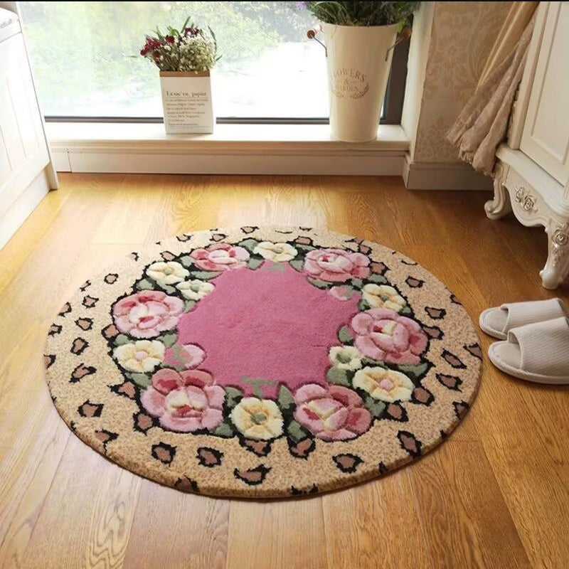 Pink Flower Print round Bathroom Carpet Dia 80Cm Non-Slip Bathroom Mat for Doorway Toilt Bedroom Bath Mat Rug Cheap Bath Carpet