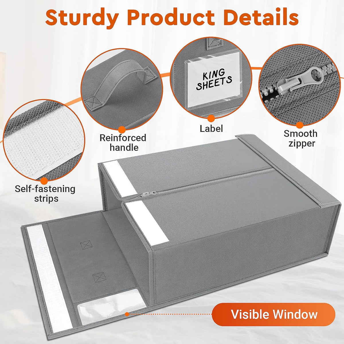 Foldable Bed Linen Storage Boxes with Window, Pack of 4, Grey, view 5
