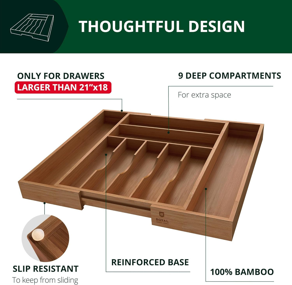 Expandable Bamboo Cutlery Drawer Organiser, 9 Compartments, view 4