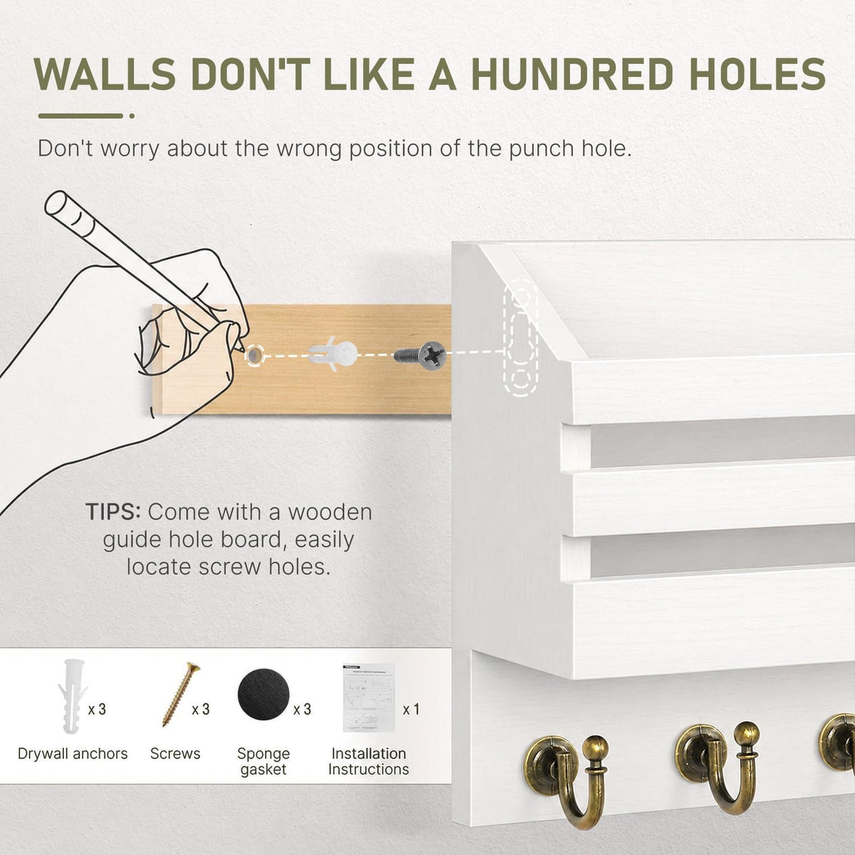 Wall Mounted Key and Mail Holder with Drawer, White, view 7
