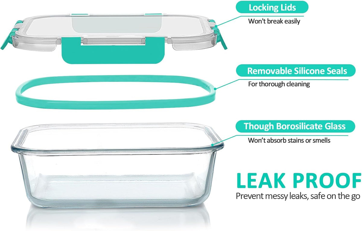 Glass Meal Prep Containers with Green Lids, 8 Pack, view 3