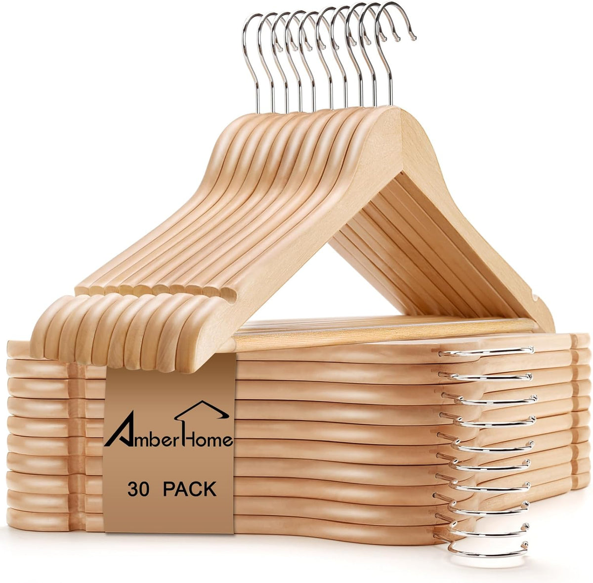 Natural Wooden Coat Hangers, Pack of 30