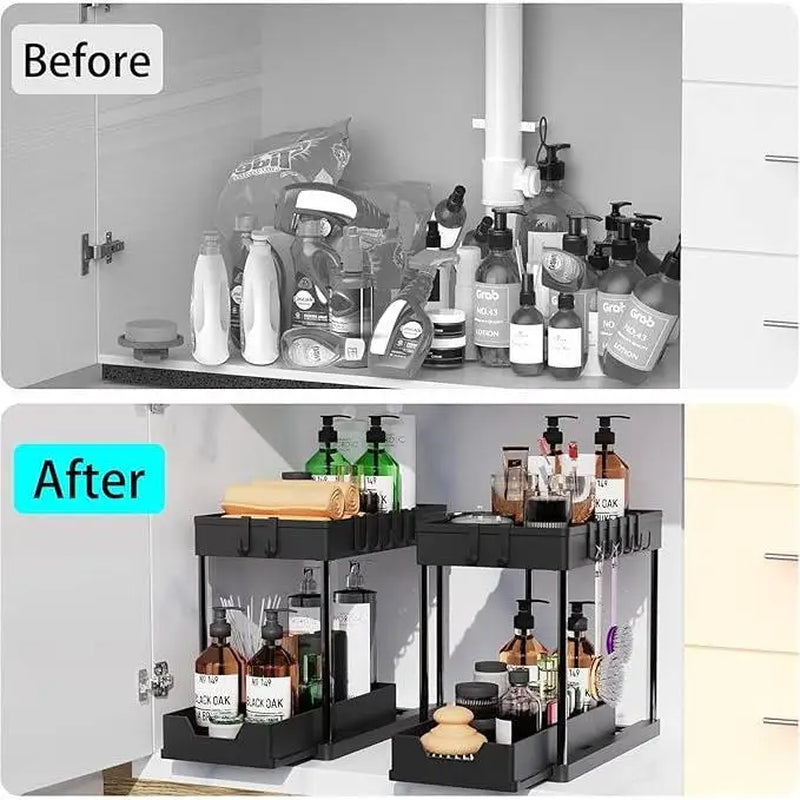 2 Tier Sliding under Sink Organizer with 5 Side Hooks and 3 Detachable Hanging Baskets