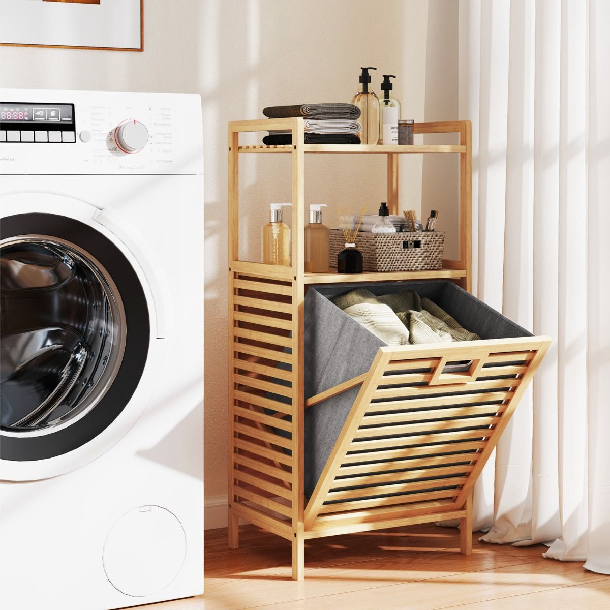 Tilt Out Laundry Hamper with 2-Tier Storage Shelves