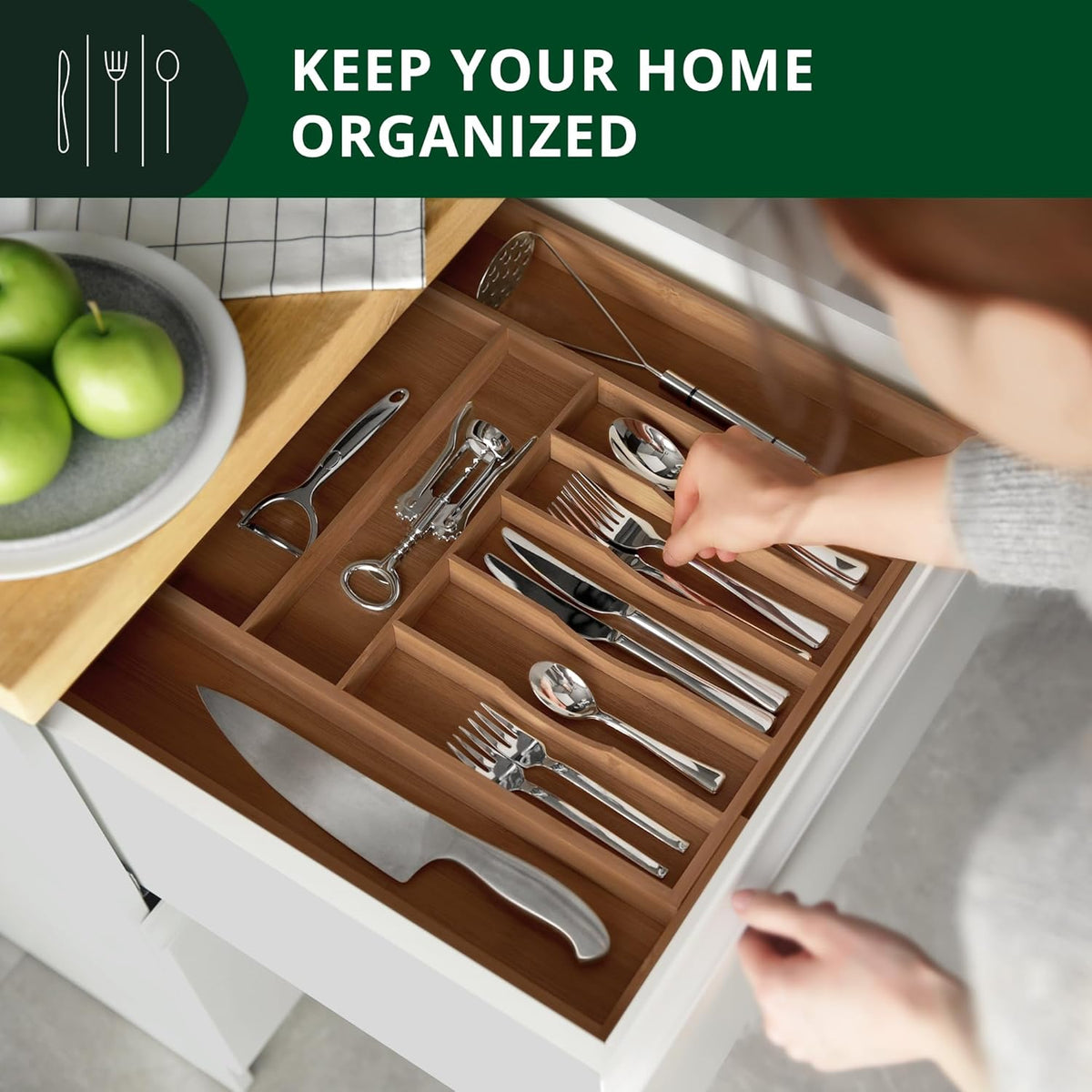 Expandable Bamboo Cutlery Drawer Organiser, 9 Compartments, view 3