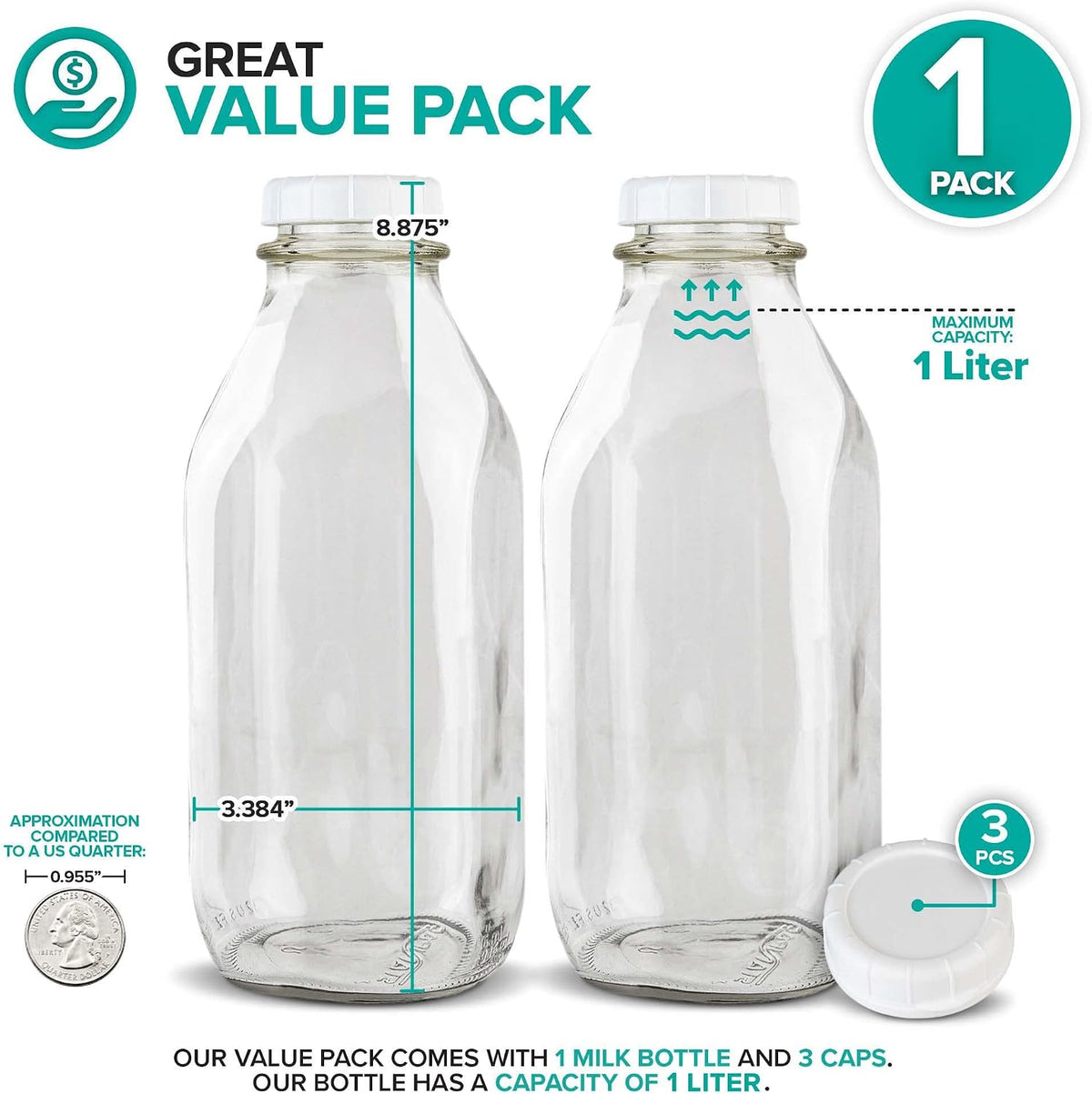 Glass Milk Bottle with Three Caps, 1 Litre, view 2