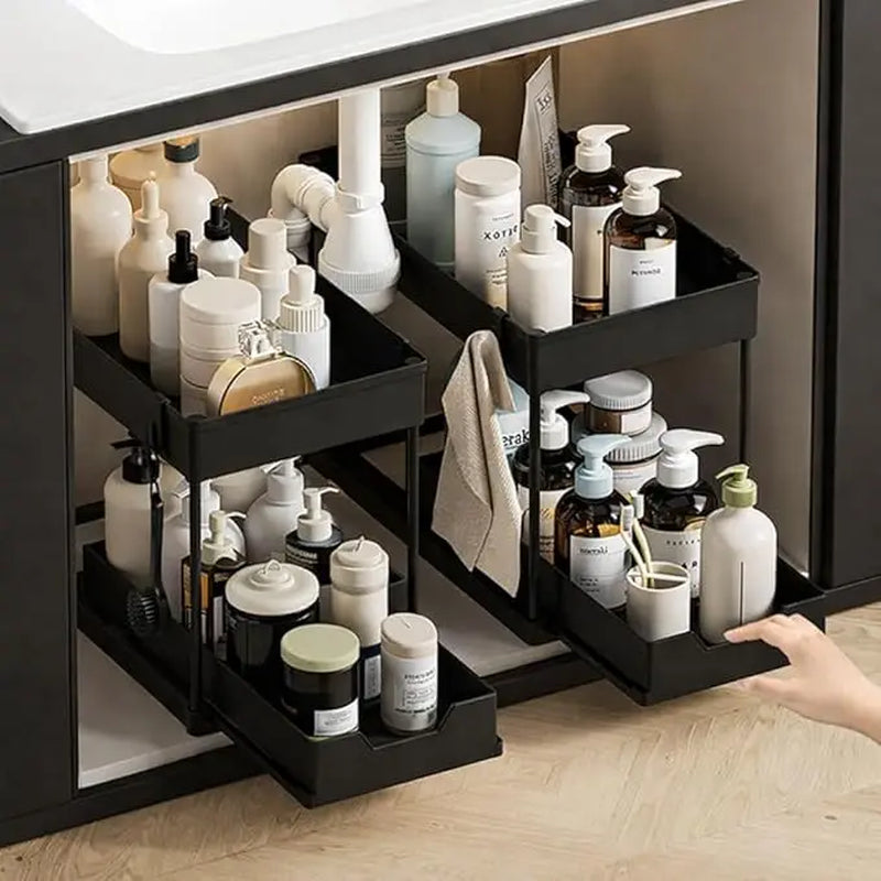 2 Tier Sliding under Sink Organizer with 5 Side Hooks and 3 Detachable Hanging Baskets