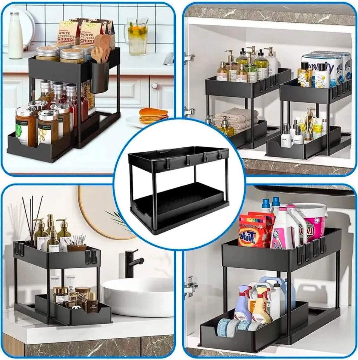 2 Tier Sliding under Sink Organizer with 5 Side Hooks and 3 Detachable Hanging Baskets