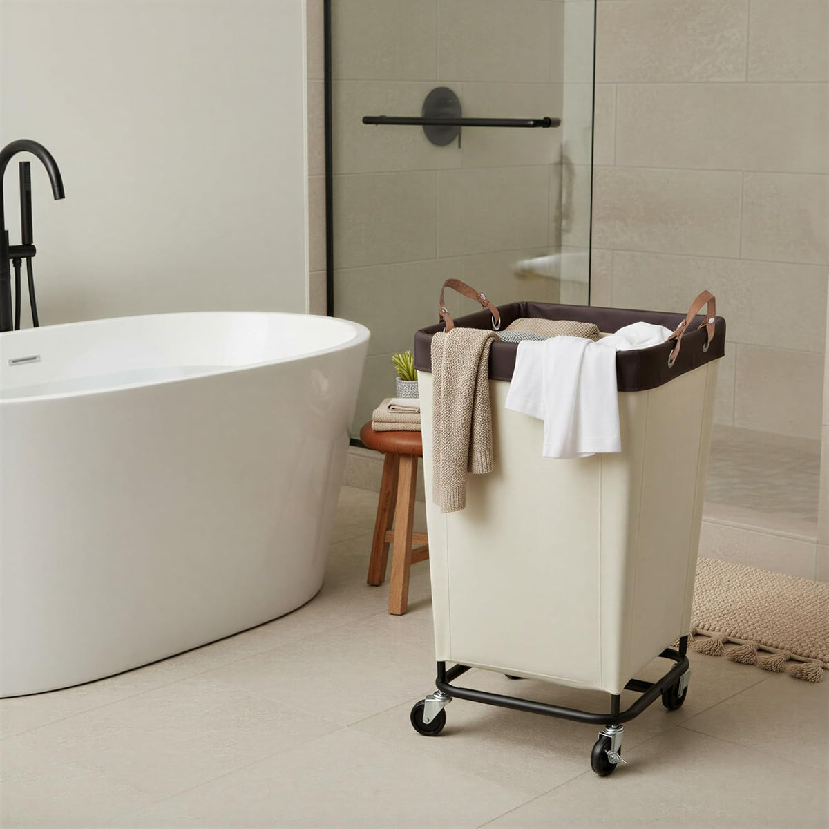 Rolling Laundry Basket on Wheels, 160 Litre, Beige, view 6