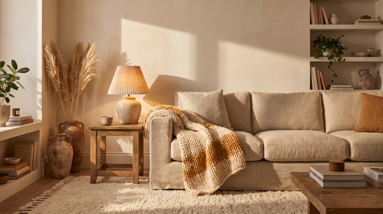 Warm living room with a glowing lamp, linen sofa and knit throw at golden hour