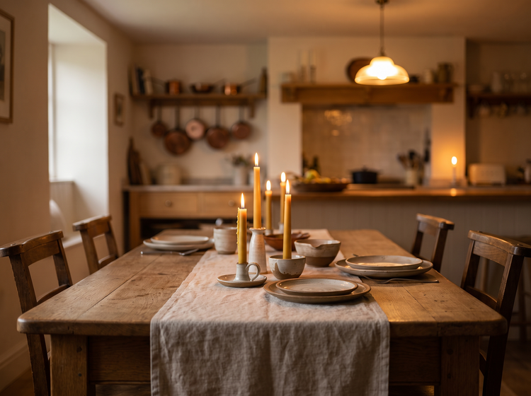 Oak dining table in warm evening light