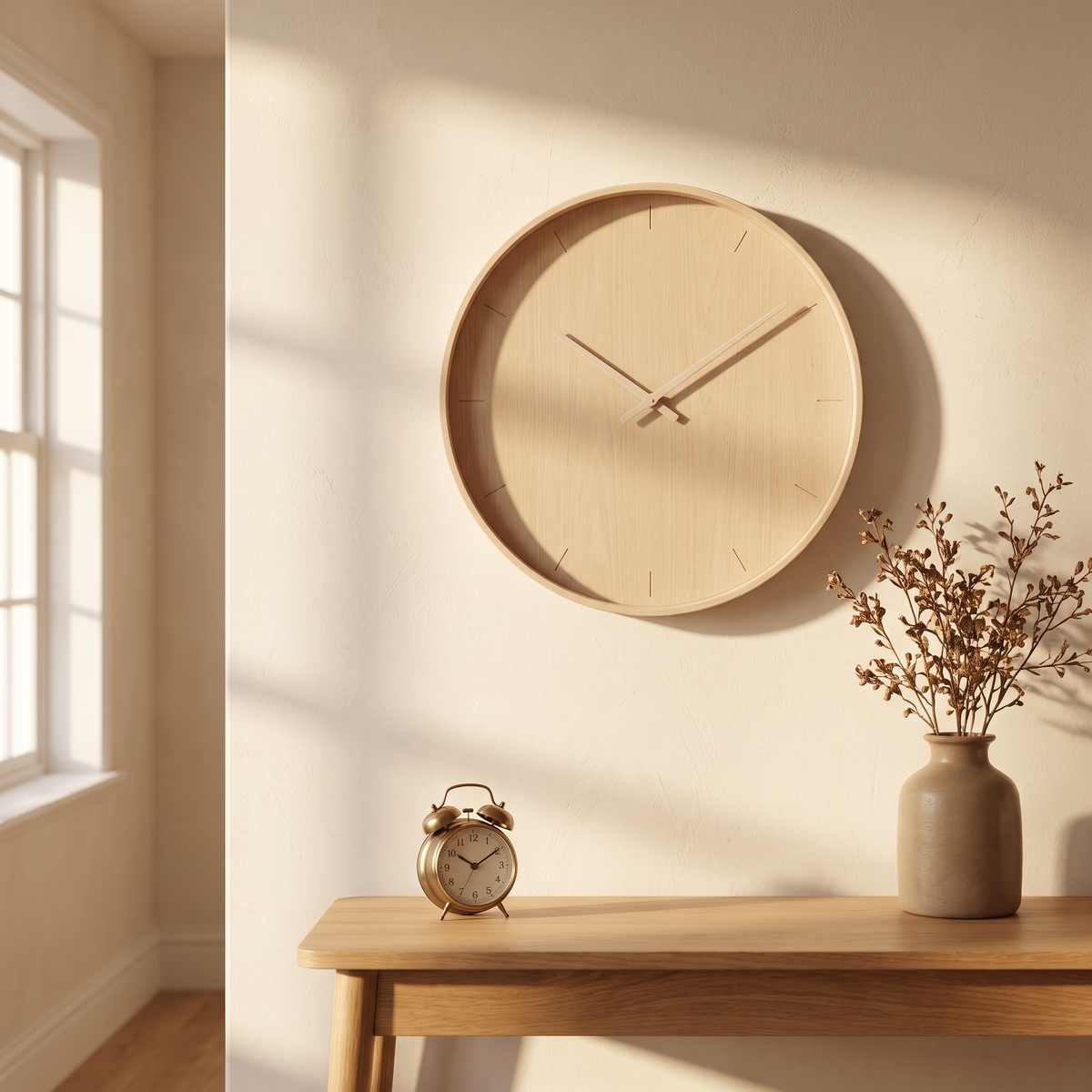 Wooden wall clock above a console table with an alarm clock