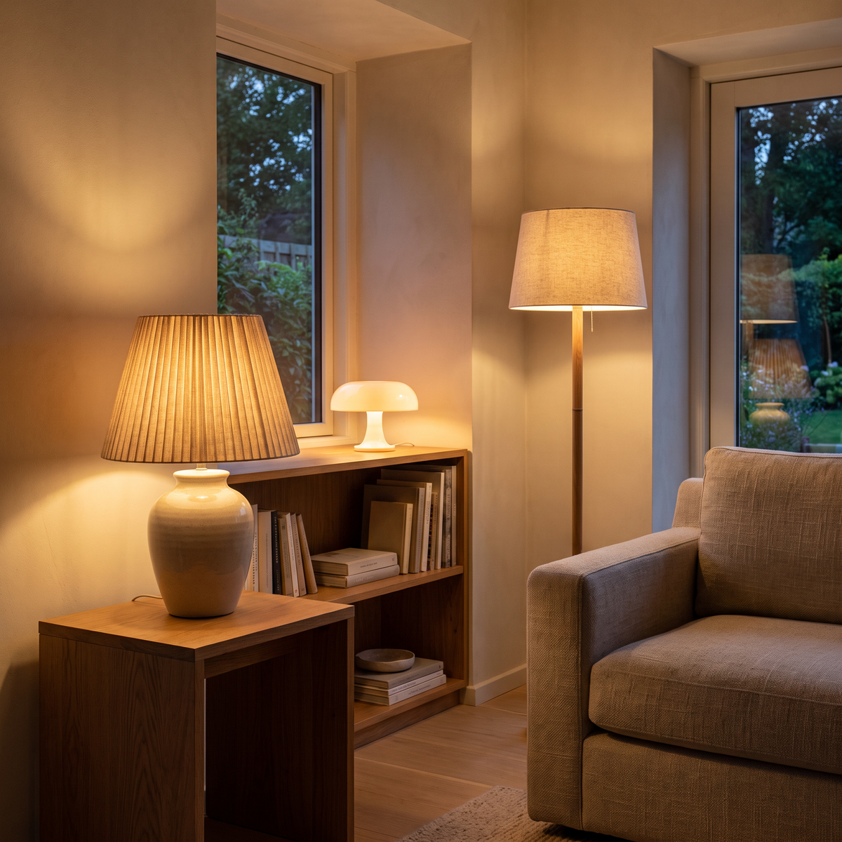 Table lamp and floor lamp glowing warmly in a cosy living room