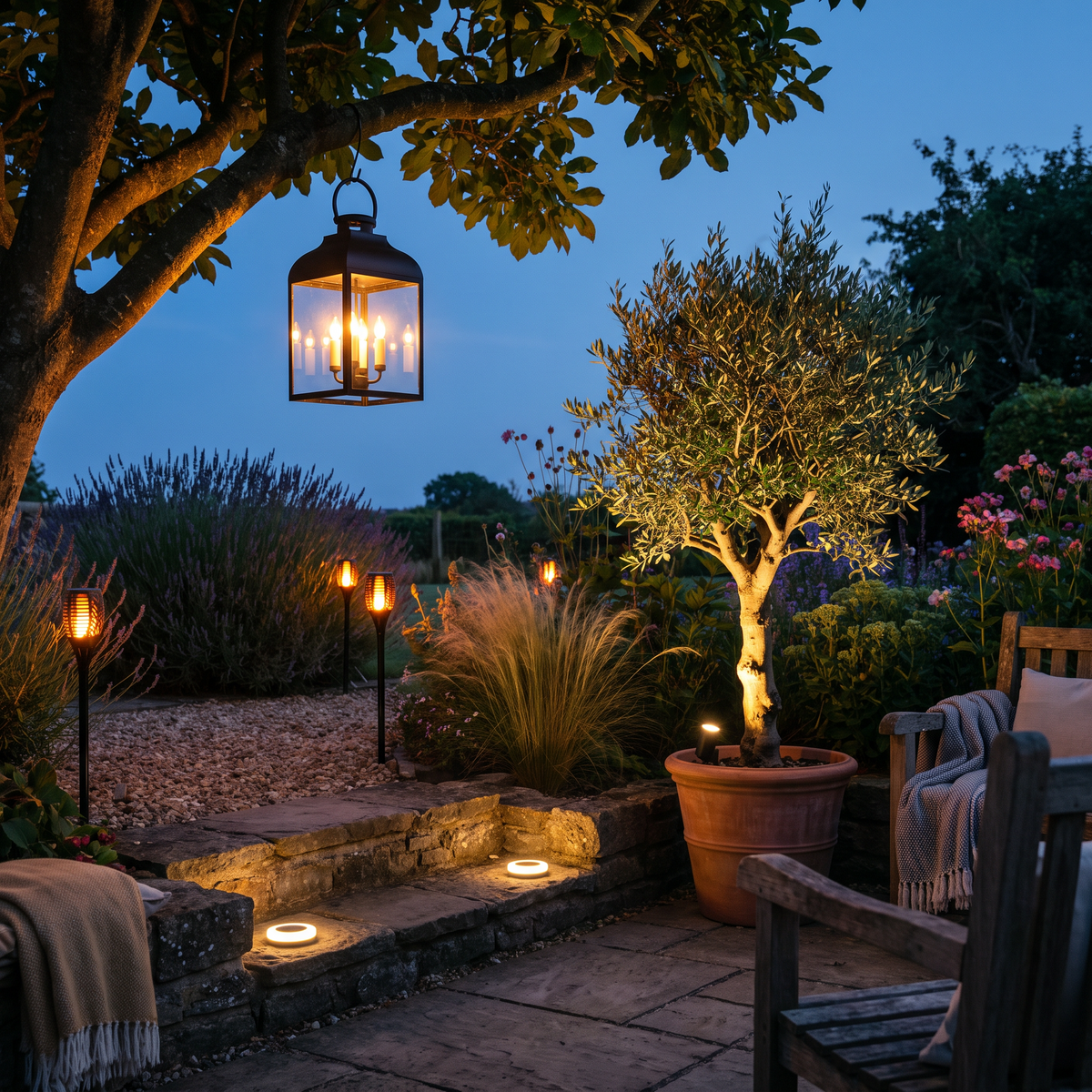 Garden patio at dusk with a hanging lantern, torch lights and step lights