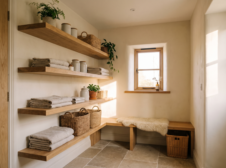 Tidy utility nook with natural wood shelving