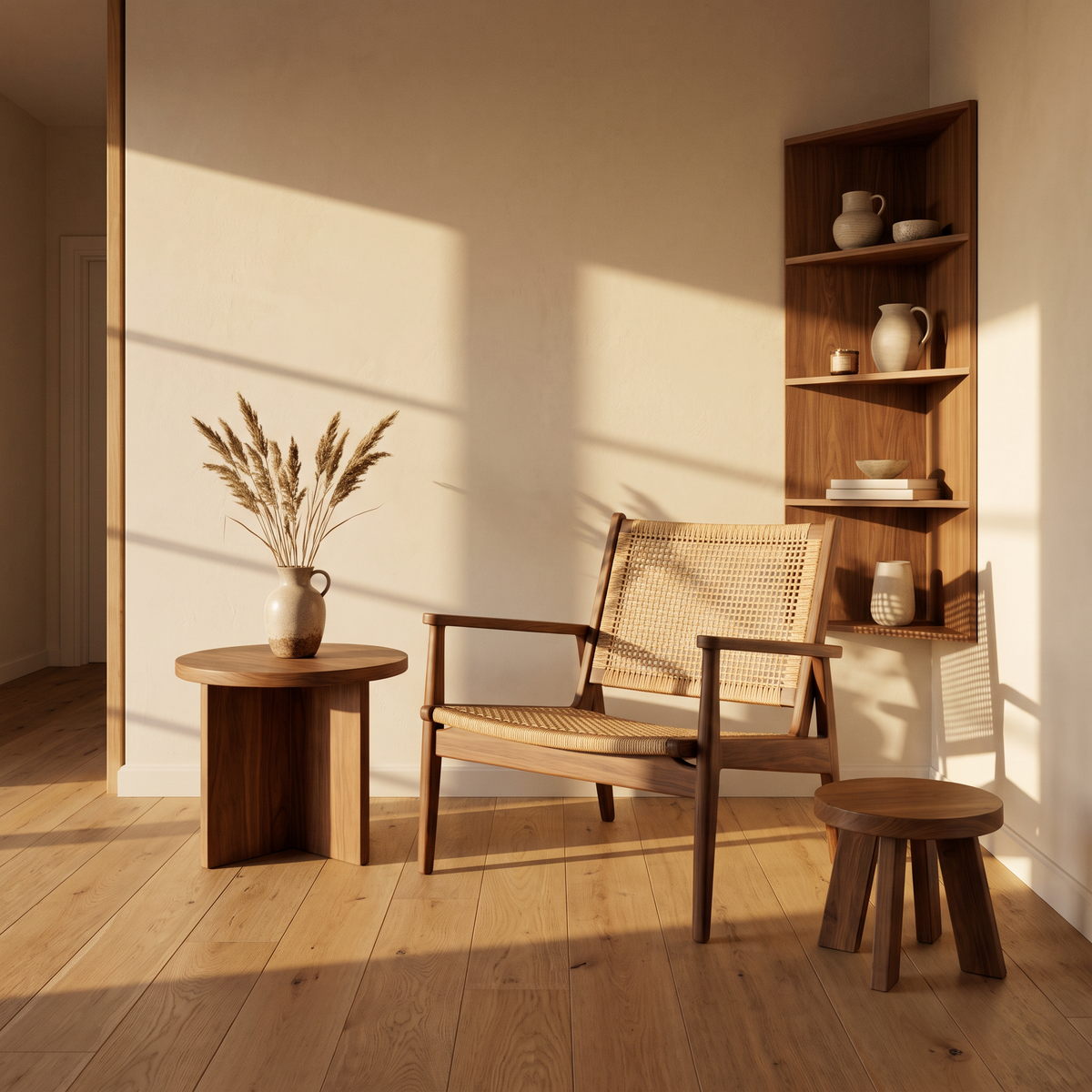 Rattan armchair, wooden side table, stool and corner shelf in a sunlit room
