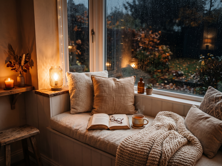 Cosy window seat on a rainy evening