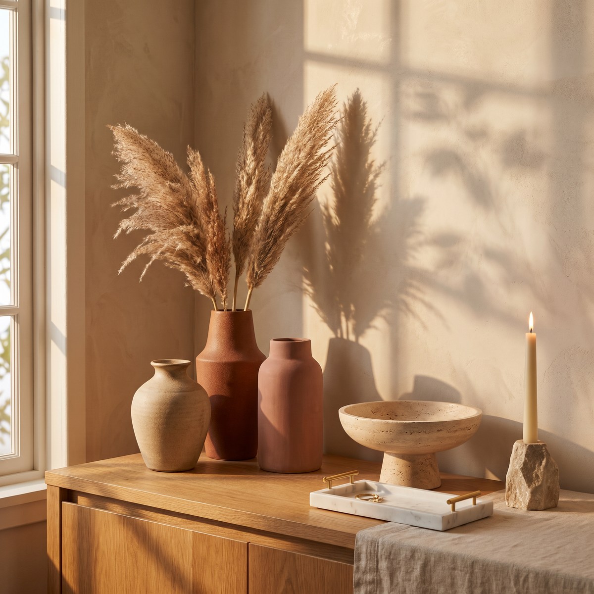 Ceramic vases with pampas grass, stone bowl and candle holder on a sideboard