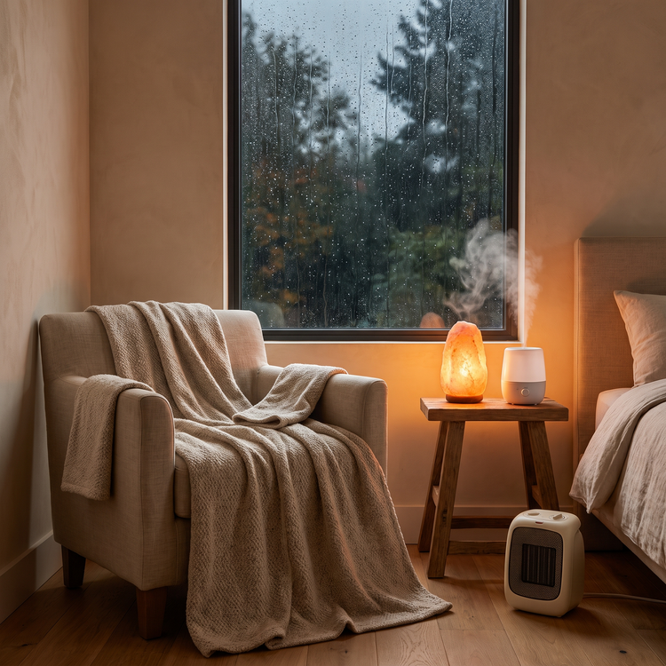 Heated blanket, salt lamp, humidifier and heater in a cosy bedroom corner