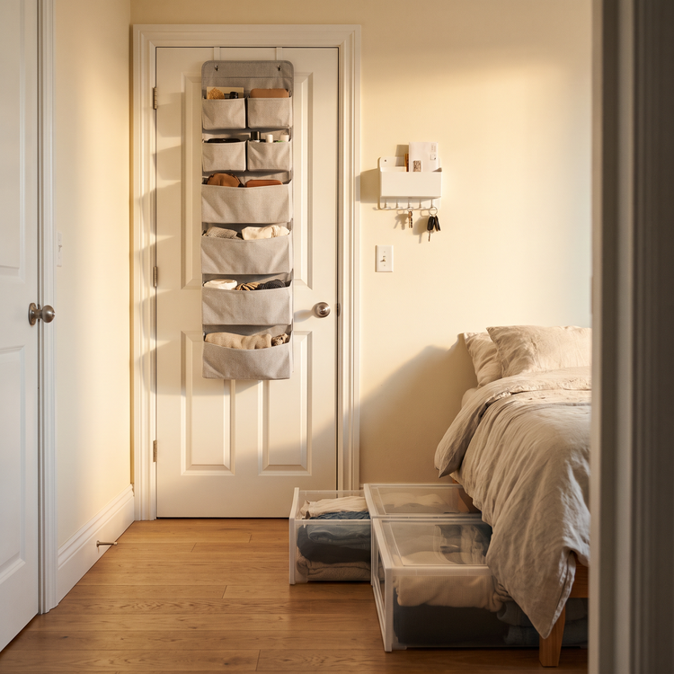 Tidy bedroom hallway with an over the door organiser and under bed storage