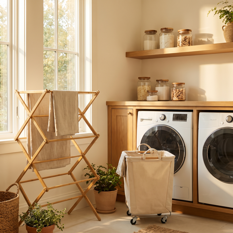 Sunlit laundry room with a bamboo drying rack and rolling basket