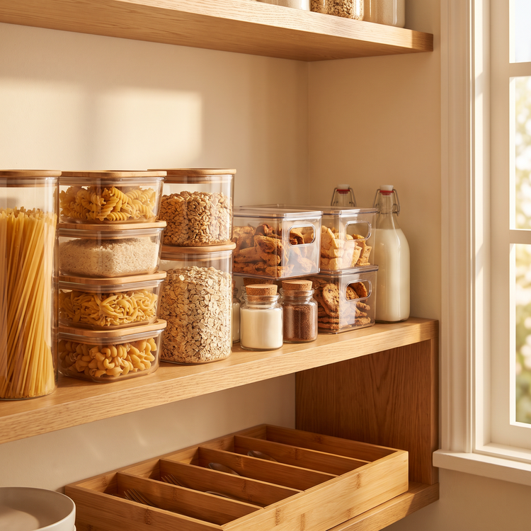 Tidy pantry shelf with glass food containers, jars and clear bins