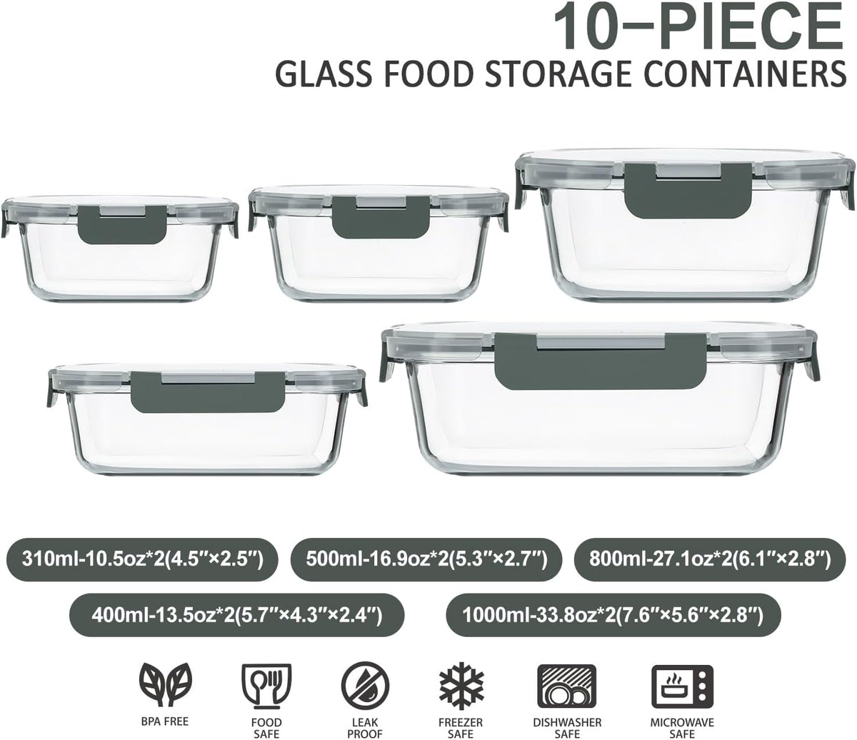 Glass Food Storage Containers with Grey Lids, 10 Pack, view 2