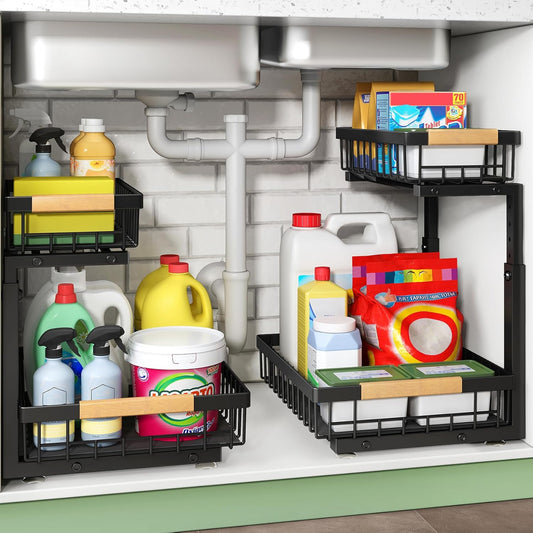 Two Tier Sliding Under Sink Organiser, Set of 2, Black