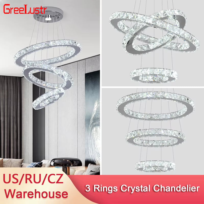 Luxury Rings Chandeliers for Dining Room Stainless Steel Modern Home Decor Hanging Lighting K9 Crystal Light Ceiling Chandeliers