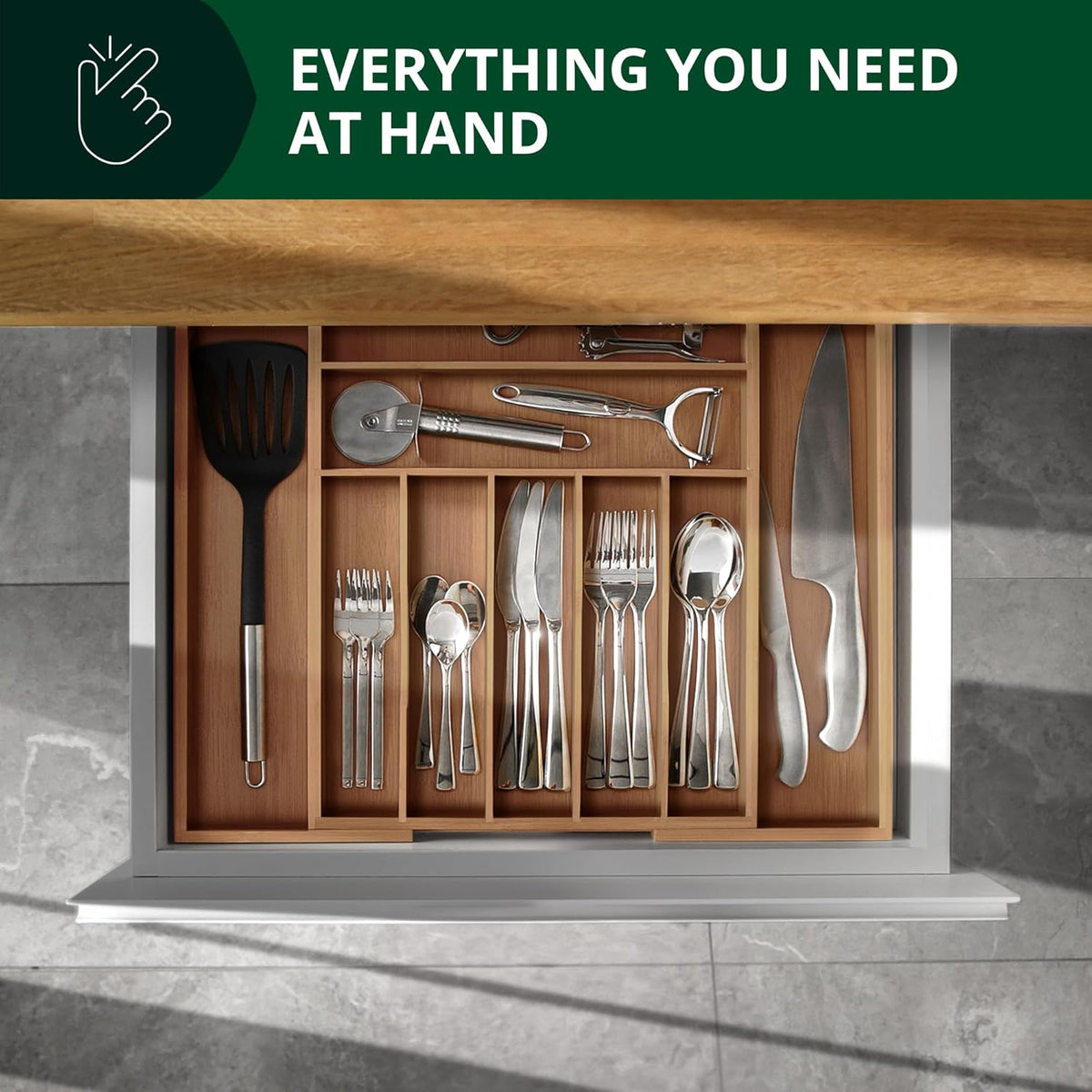 Expandable Bamboo Cutlery Drawer Organiser, 9 Compartments, view 7