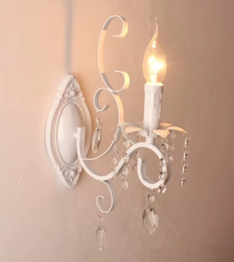 Home Vintage Wrought Iron Crystal Chandelier White Ceiling Lamp E14 Candle Lights Lighting Fixture