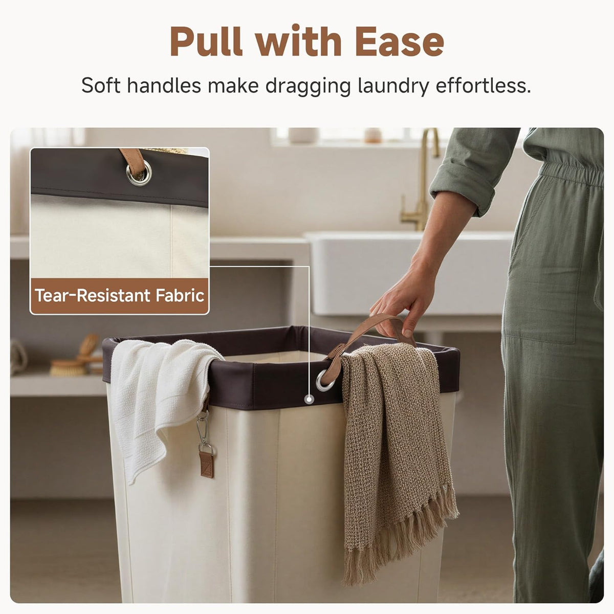 Rolling Laundry Basket on Wheels, 160 Litre, Beige, view 5