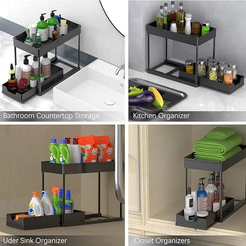 2 Tier Sliding under Sink Organizer with 5 Side Hooks and 3 Detachable Hanging Baskets