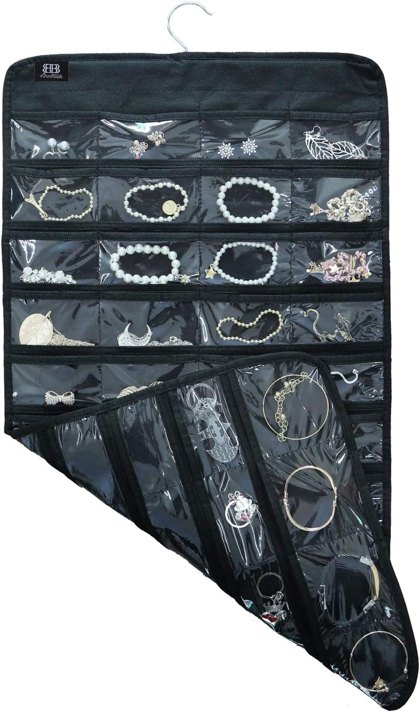 Hanging Jewellery Organiser with 80 Clear Pockets, Black, view 2