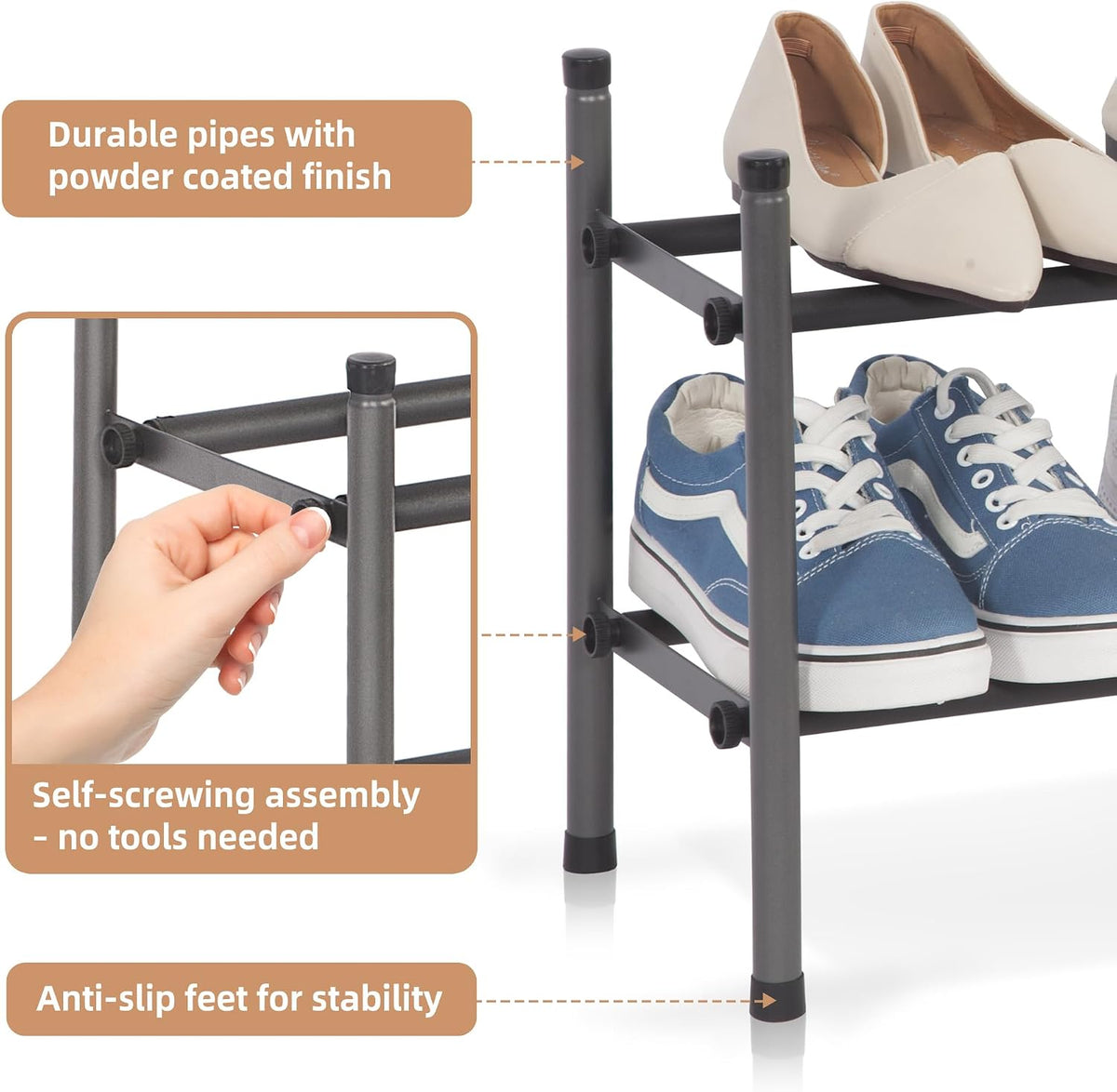 Expandable Two Tier Shoe Rack, Black, view 5