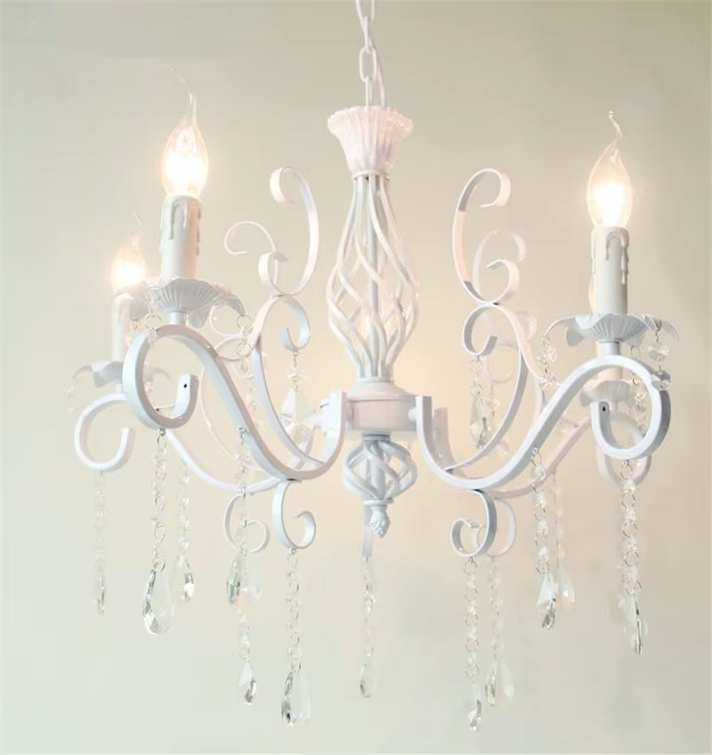 Home Vintage Wrought Iron Crystal Chandelier White Ceiling Lamp E14 Candle Lights Lighting Fixture