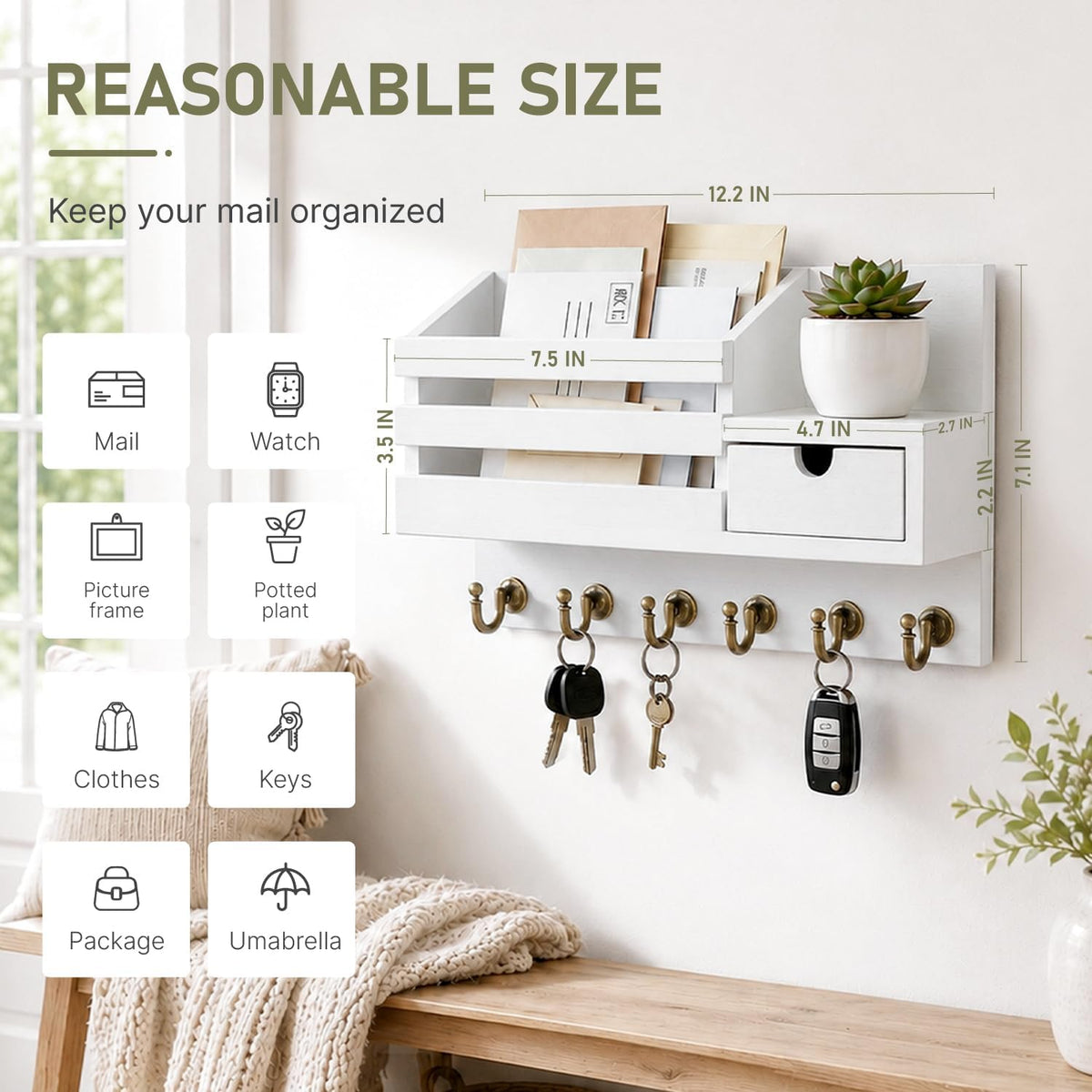 Wall Mounted Key and Mail Holder with Drawer, White, view 2