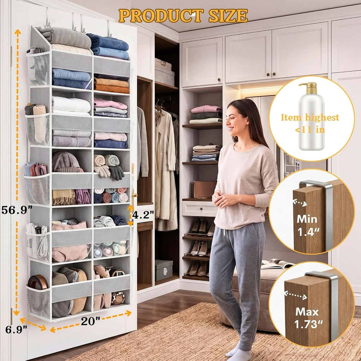 Over the Door Organiser with 10 Pockets, Light Grey, view 4