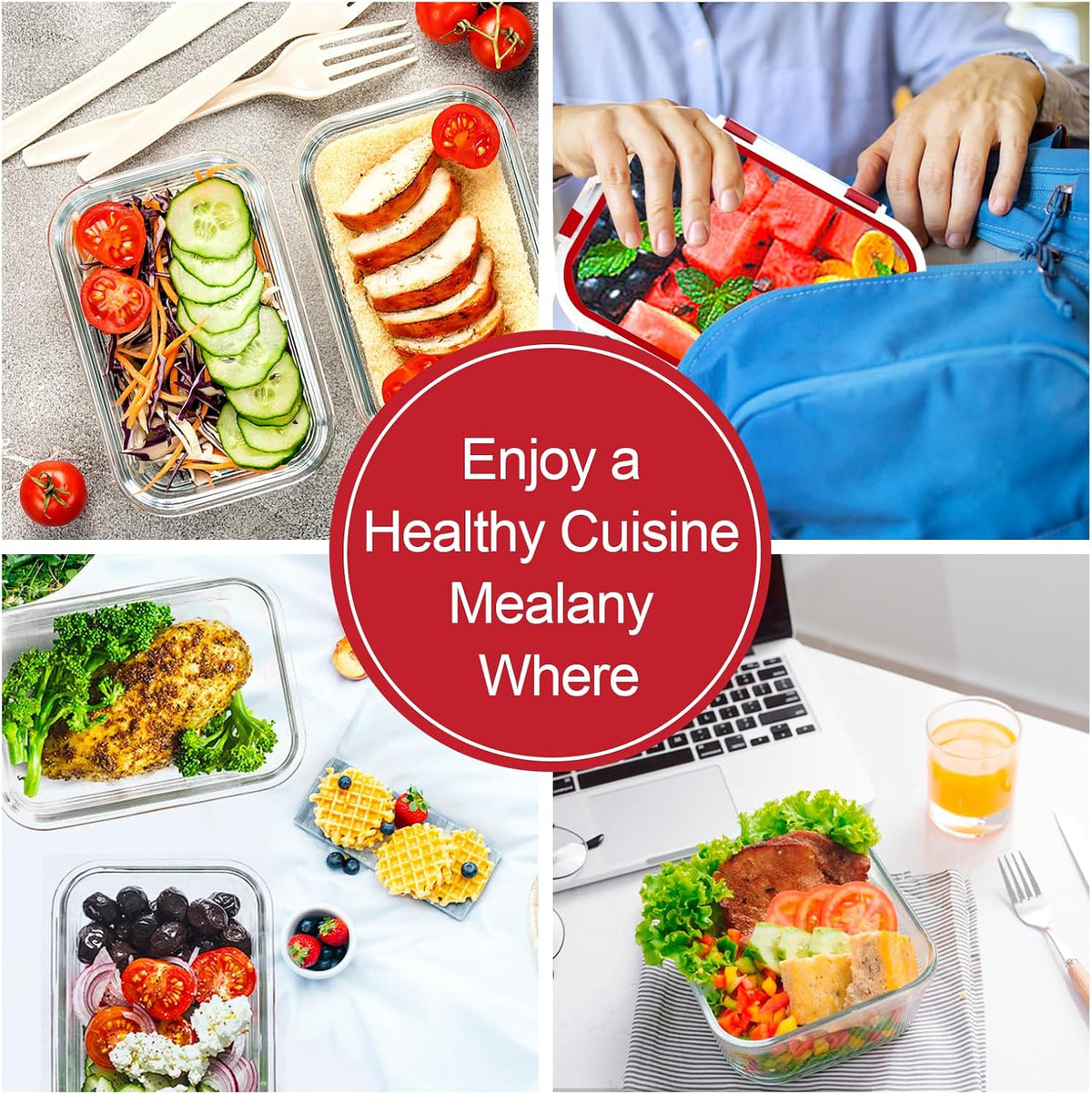 Glass Meal Prep Containers with Red Lids, 10 Pack, view 6