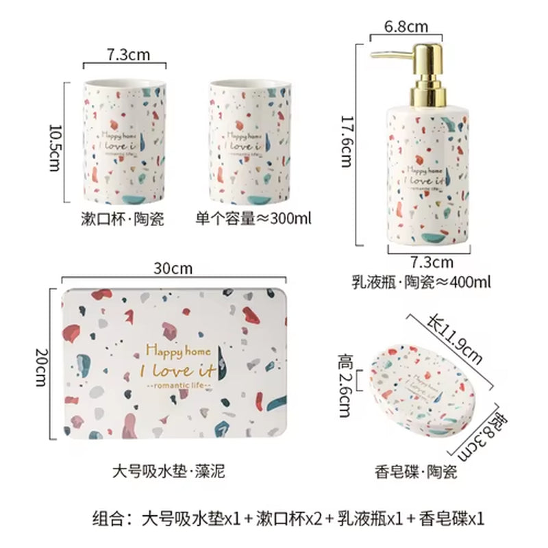 Bathroom Accessories Nordic Light Luxury Terrazzo Pattern Ceramic Lotion Bottle Algae Mud Pad Mouthwash Cup Bathroom Decoration