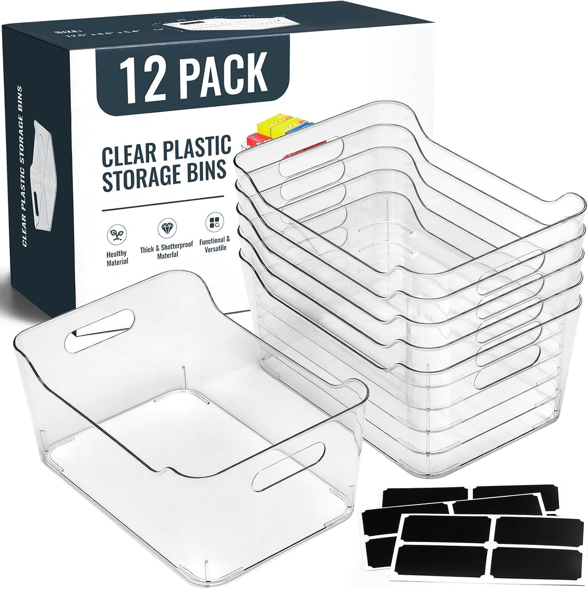 Clear Pantry Bins with Handles and Labels, Pack of 12