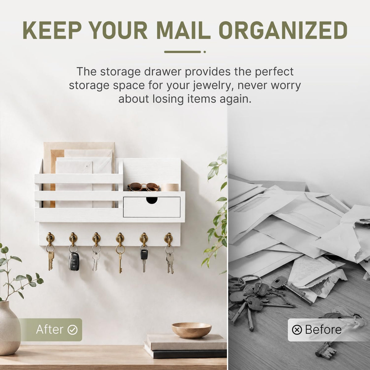 Wall Mounted Key and Mail Holder with Drawer, White, view 3