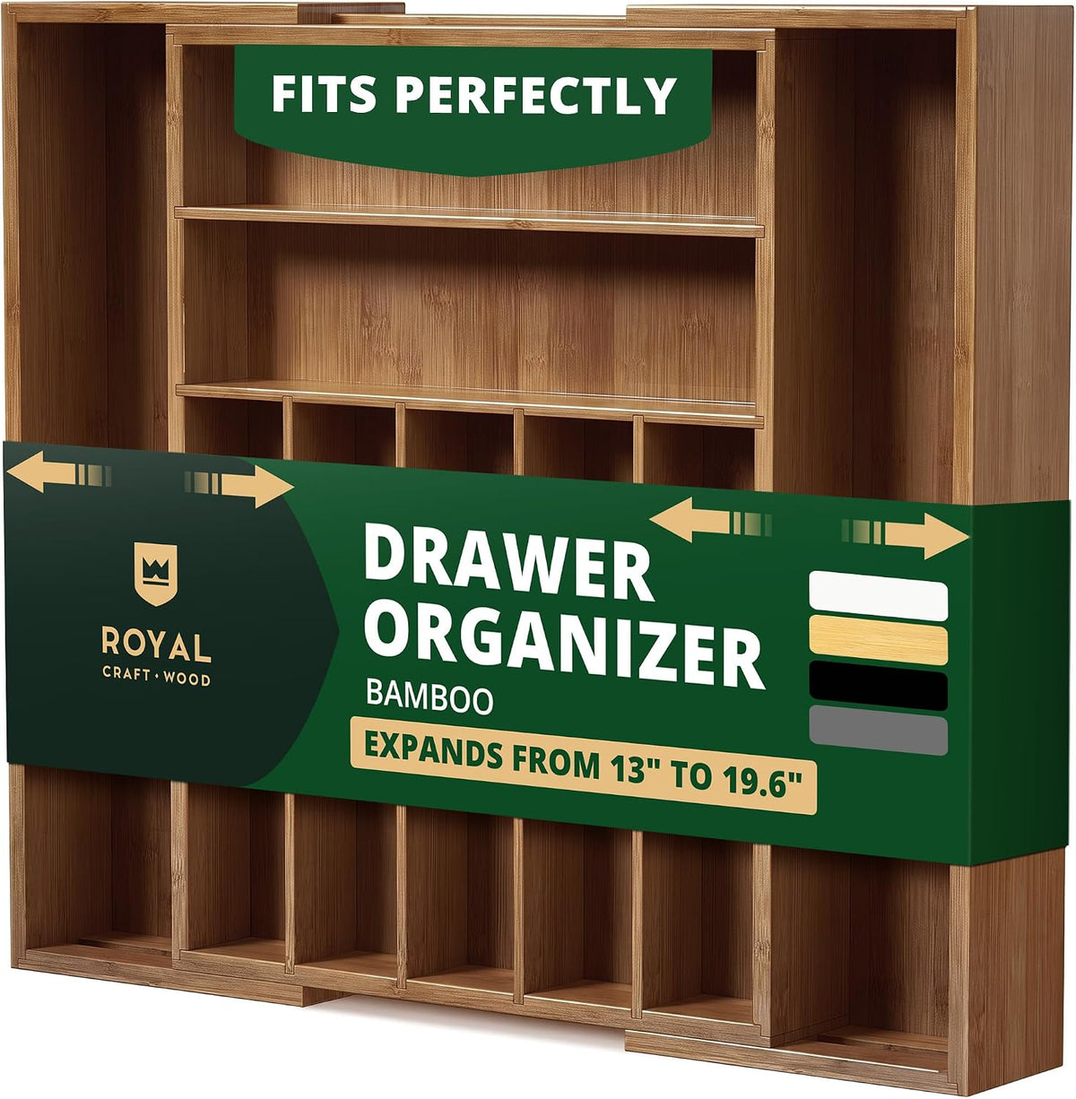 Expandable Bamboo Cutlery Drawer Organiser, 9 Compartments