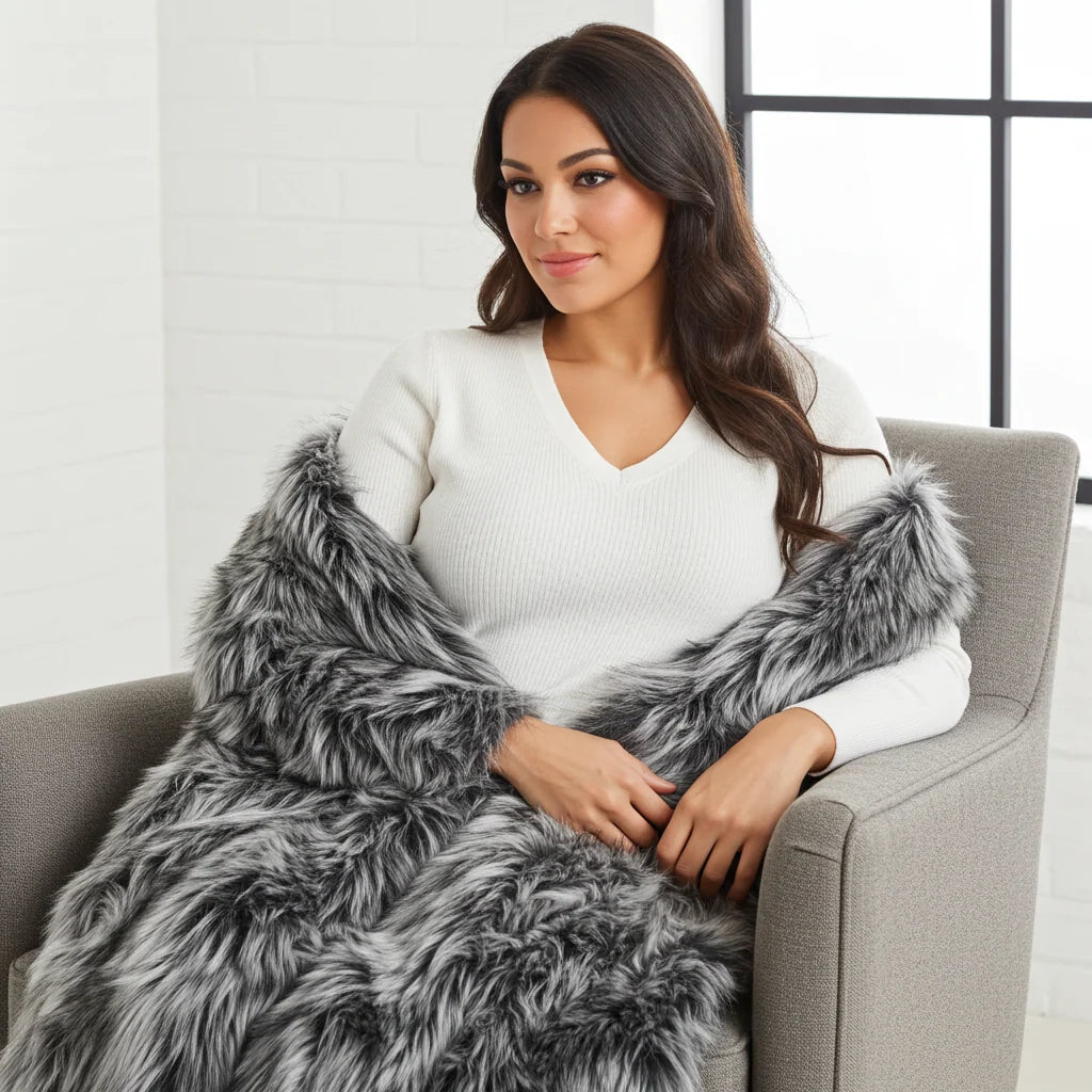 Wolf Faux Fur Grey Luxury Throw